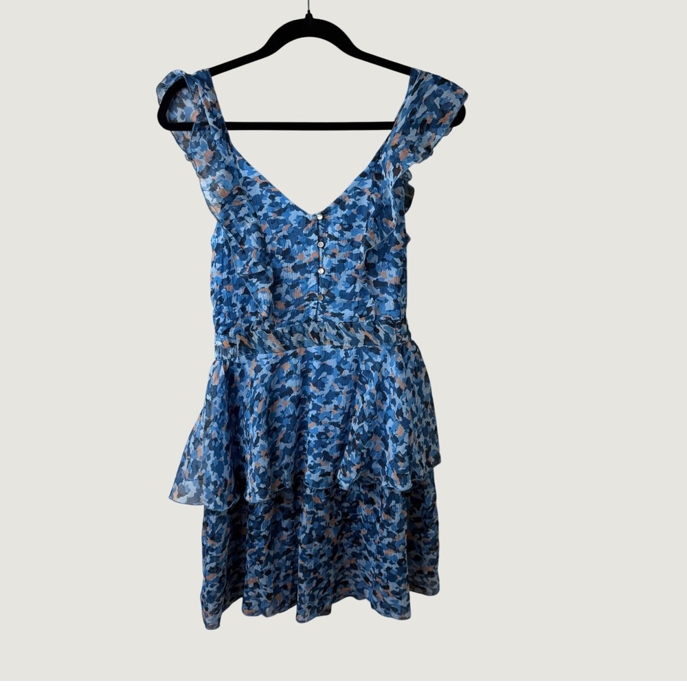 Anthropologie RAGA Mini Dress Blue Abstract S Boho Cottage Ruffle Tiered NWT